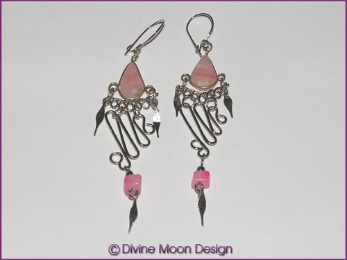 Peruvian Alpaca Silver Crystal EARRINGS: Long Chip PINK AGATE - Click Image to Close