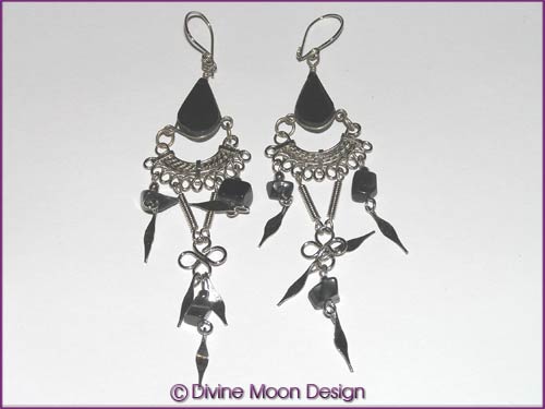 Peruvian Alpaca Silver Crystal EARRINGS: Long Chip BLACK ONYX